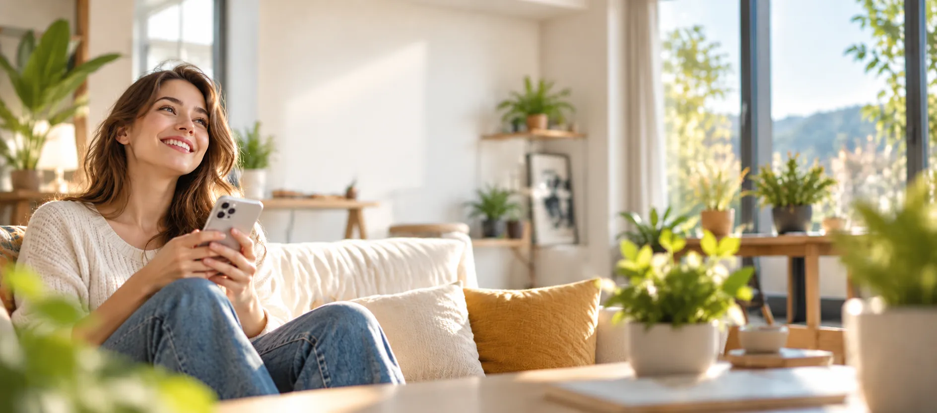 Smiling woman relaxing on a sofa at home while checking her loan options on her phone